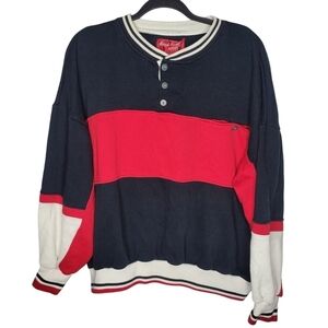 Vintage 90s Colorblock Striped Pocket Button Crewneck Sweatshirt Red Black White